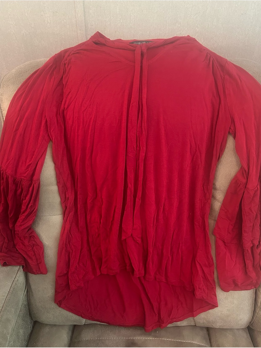 august silk Red Long Sleeve Blouse with Tie Front